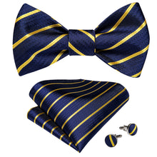 Blue Yellow Striped Silk Self-Bowtie Pocket Square Cufflinks With Lapel Pin (4618913480785)