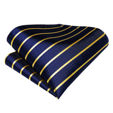 Blue Yellow Striped Silk Self-Bowtie Pocket Square Cufflinks With Lapel Pin (4618913480785)