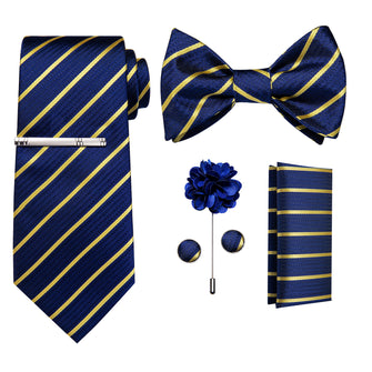 Blue Golden Striped Bowtie Necktie  Hanky Cufflinks Brooch Clip Set