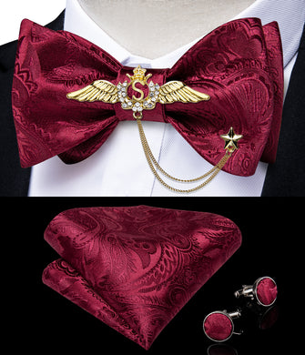Red Paisley Self-Bowtie Pocket Square Cufflinks With Wing Lapel Pin