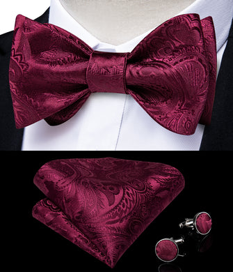 Red Paisley Self-Bowtie Pocket Square Cufflinks With Lapel Pin (4618915151953)