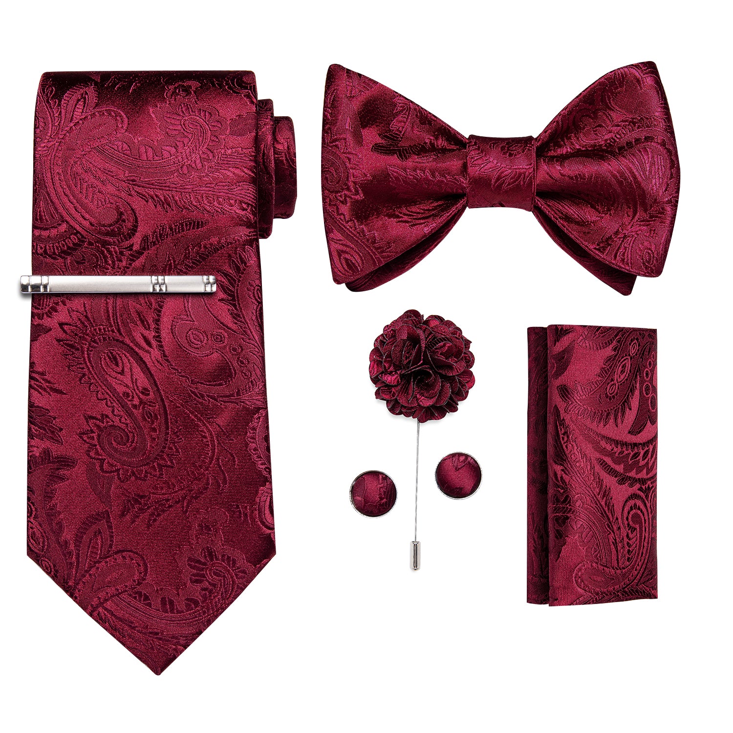 Red Paisley Bowtie Necktie  Hanky Cufflinks Brooch Clip Set