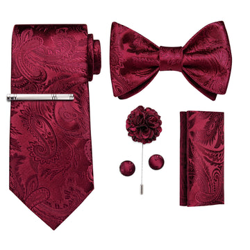 Red Paisley Bowtie Necktie  Hanky Cufflinks Brooch Clip Set
