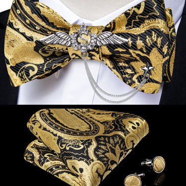 Yellow Black Paisley Self-Bowtie Pocket Square Cufflinks With Wing Lapel Pin