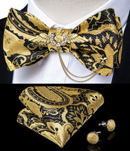 Yellow Black Paisley Self-Bowtie Pocket Square Cufflinks With Wing Lapel Pin