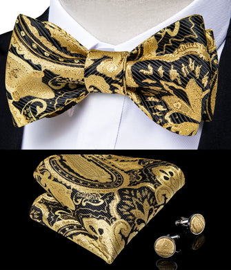 Gold Black Paisley Self-Bowtie Pocket Square Cufflinks With Lapel Pin (4618918527057)