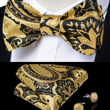 Gold Black Paisley Self-Bowtie Pocket Square Cufflinks With Lapel Pin (4618918527057)