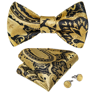 Gold Black Paisley Self-Bowtie Pocket Square Cufflinks With Lapel Pin (4618918527057)