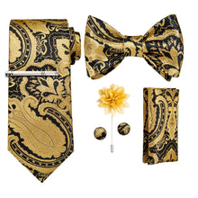 Yellow Black Floral Bowtie Necktie  Hanky Cufflinks Brooch Clip Set