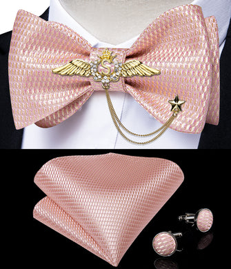 Pink Plaid Self-Bowtie Pocket Square Cufflinks With Wing Lapel Pin
