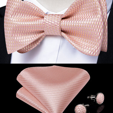 Pink Plaid Silk Self-Bowtie Pocket Sqaure Cufflinks With Lapel Pin (4618926129233)