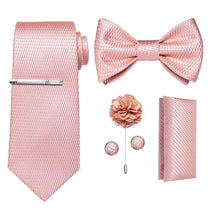 Pink Rhinestone Plaid Bowtie Necktie  Hanky Cufflinks Brooch Clip Set