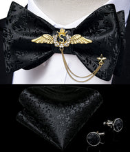 Black Floral Self-Bowtie Pocket Square Cufflinks With Wing Lapel Pin