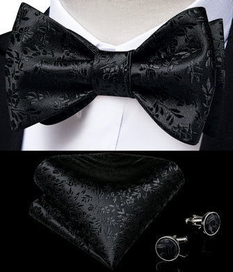 Black Paisley Self-Bowtie Pocket Square Cufflinks With Lapel Pin (4618932551761)