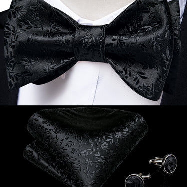 Black Paisley Self-Bowtie Pocket Square Cufflinks With Lapel Pin (4618932551761)