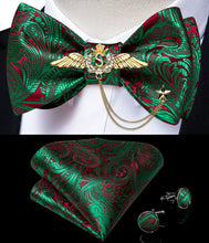 Green Red Floral Self-Bowtie Pocket Square Cufflinks With Wing Lapel Pin