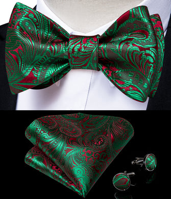 Green Red Paisley Self-Bowtie Pocket Square Cufflinks With Lapel Pin (4618933600337)