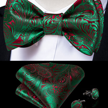 Green Red Paisley Self-Bowtie Pocket Square Cufflinks With Lapel Pin (4618933600337)