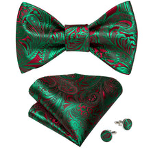 Green Red Paisley Self-Bowtie Pocket Square Cufflinks With Lapel Pin (4618933600337)