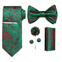 Green Red Paisely Bowtie Necktie  Hanky Cufflinks Brooch Clip Set