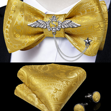 Yellow Paisley Self-Bowtie Pocket Square Cufflinks With Wing Lapel Pin