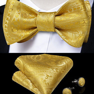 Yellow Paisley Self-Bowtie Pocket Square Cufflinks With Lapel Pin (4618936516689)