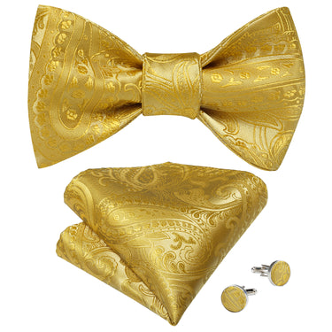 Yellow Paisley Self-Bowtie Pocket Square Cufflinks With Lapel Pin (4618936516689)