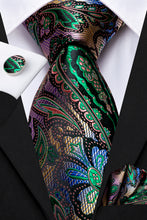 mens suit paisley tie green necktie pocket square cufflinks Set