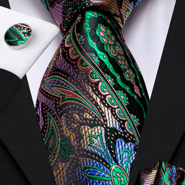Golden Green Paisley Men's Tie Pocket Square Cufflinks Set (1912275796010)