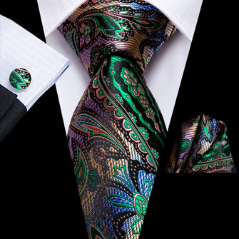mens suit paisley tie green necktie pocket square cufflinks Set