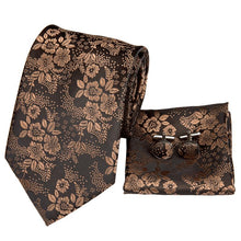 Gold Brown Floral Men's Tie Pocket Square Cufflinks Set (1912276549674)