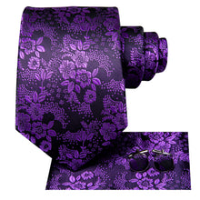 Men's Purple Floral Tie Pocket Square Cufflinks Set