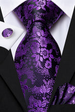 Men's Purple Floral Tie Pocket Square Cufflinks Set 