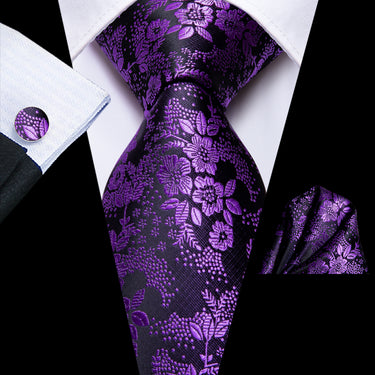 Men's Purple Floral Tie Pocket Square Cufflinks Set (1791391727658)