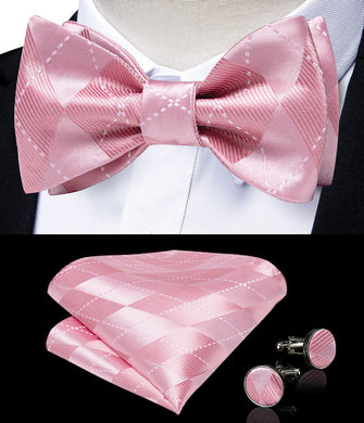 Pink Plaid Self-Bowtie Pocket Square Cufflinks Set