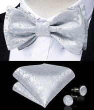 Silver Paisley Self-Bowtie Pocket Square Cufflinks Set