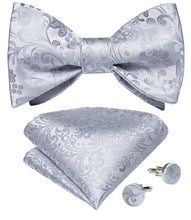 Silver Paisley Self-Bowtie Pocket Square Cufflinks Set