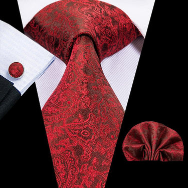 Red Paisely  Mens Tie Pocket Square Cufflinks Set (1914569654314)