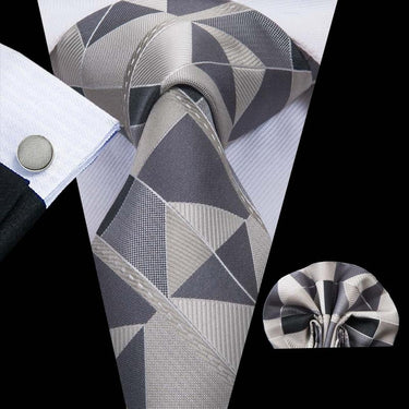 Grey Black Novelty Mens Tie Pocket Square Cufflinks Set (1914612023338)