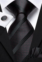 Black Red Striped  Mens Tie Pocket Square Cufflinks Set