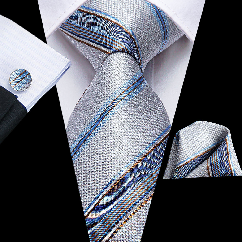 Attractive Men's Grey Blue Stried Tie Pocket Square Cufflinks Set ...