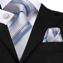 Attractive Men's  Grey Blue Stried Tie Pocket Square Cufflinks Set (1903463071786)