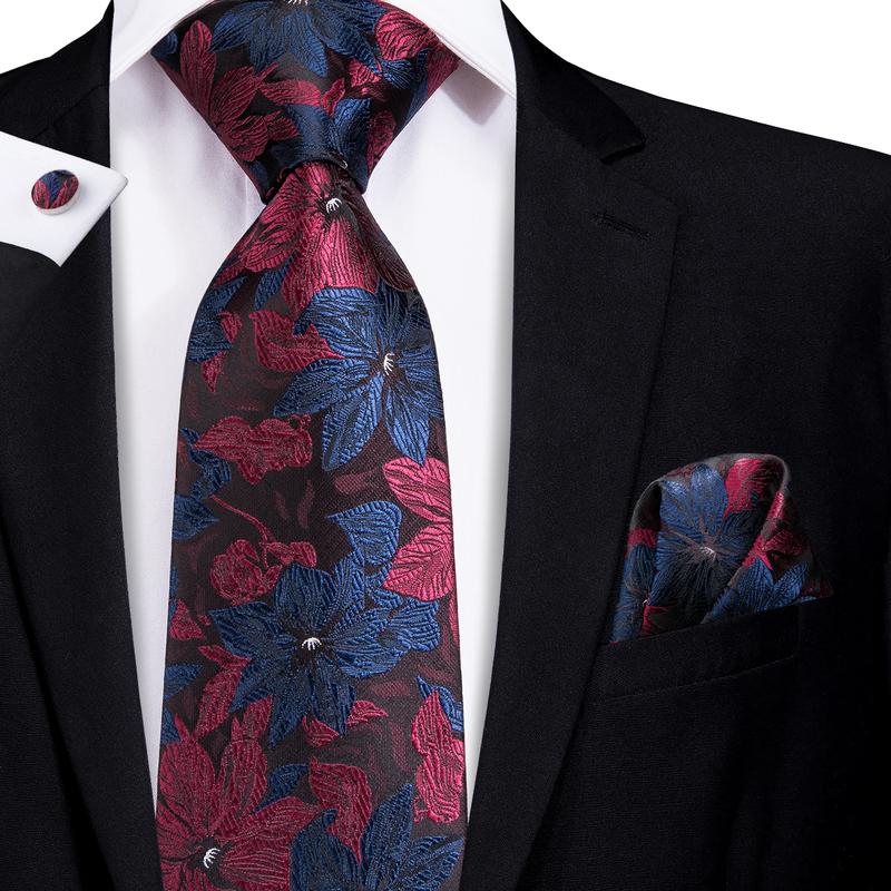 Attractive Men's Blue Red Floral Tie Pocket Square Cufflinks Set ...