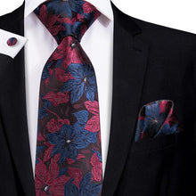 Attractive Men's Blue Red Floral Tie Pocket Square Cufflinks Set (1903515238442)