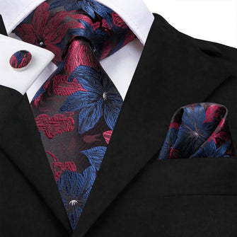 Attractive Men's Blue Red Floral Tie Pocket Square Cufflinks Set (1903515238442)