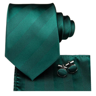 Attractive Men's  Dark Green Striped Tie Pocket Square Cufflinks Set (1903610232874)