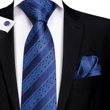 Blue Purple  Striped  Men's Tie Pocket Square Cufflinks Set (1915344814122)