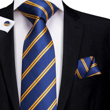 Blue Gold  Striped  Men's Tie Pocket Square Cufflinks Set (1915347206186)