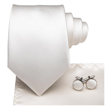 Milky white Solid Men's Tie Pocket Square Cufflinks Set (1915359526954)