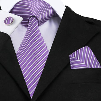 Purple Striped Tie Pocket Square Cufflinks Set (575811551274)